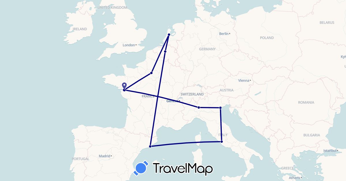 TravelMap itinerary: driving in Belgium, Spain, France, Italy, Netherlands (Europe)